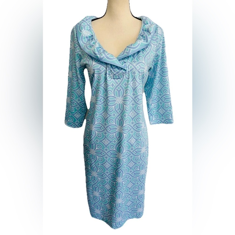 Gretchen Scott Jersey Ruffneck Dress Size S Piazza Blue Print Preppy Women’s - Picture 9 of 9